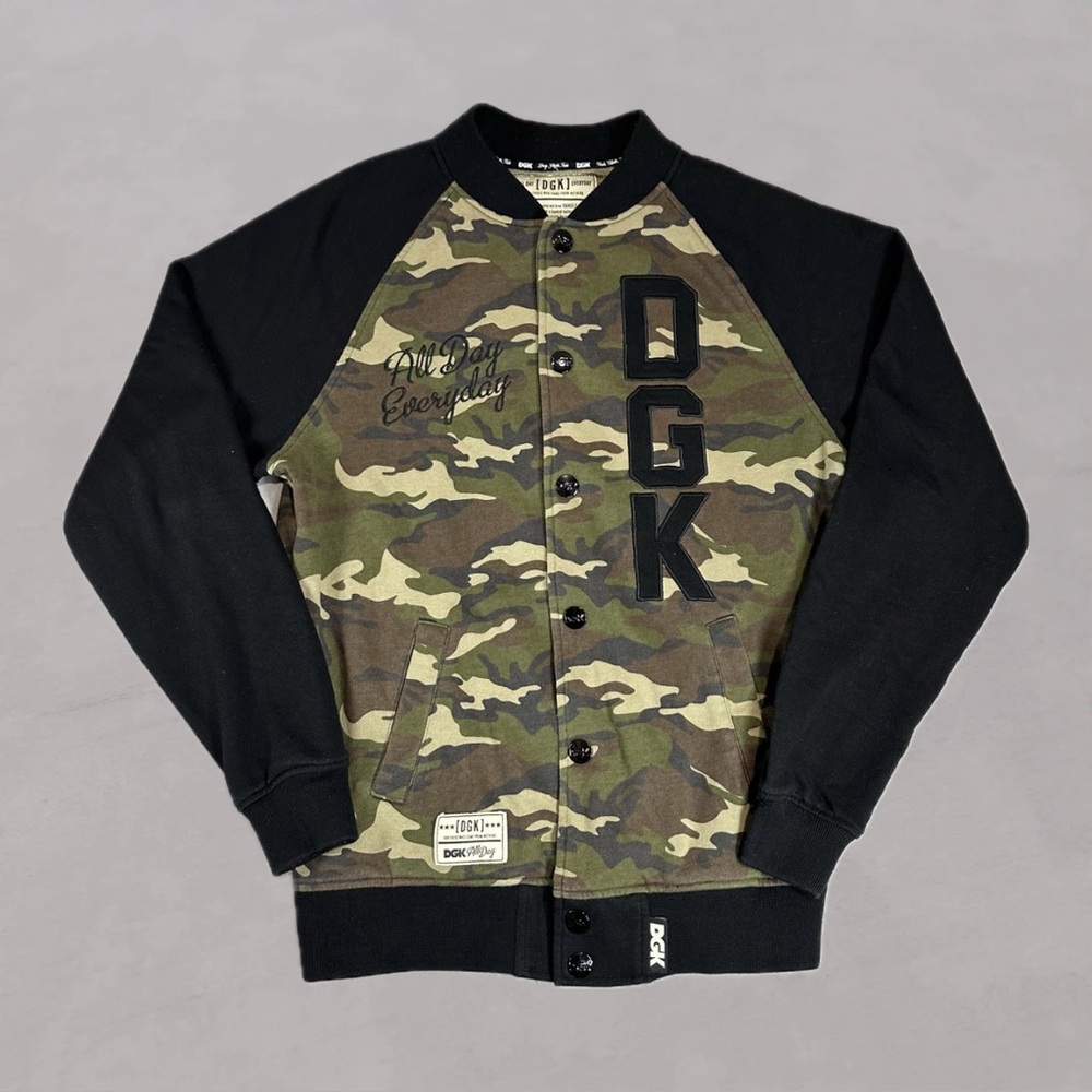 DGK All Day Everyday Camo Varsity Jacket Green Camouflage Streetwear Men’s S